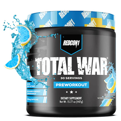 REDCON1 Total War Pre Workout - Beta Alanine + Citrulline Malate Keto Friendly Preworkout for Men & Women with 320mg of Caffeine - Fast Acting -Blue Lemonade (30 Servings) - dailyvitalstore