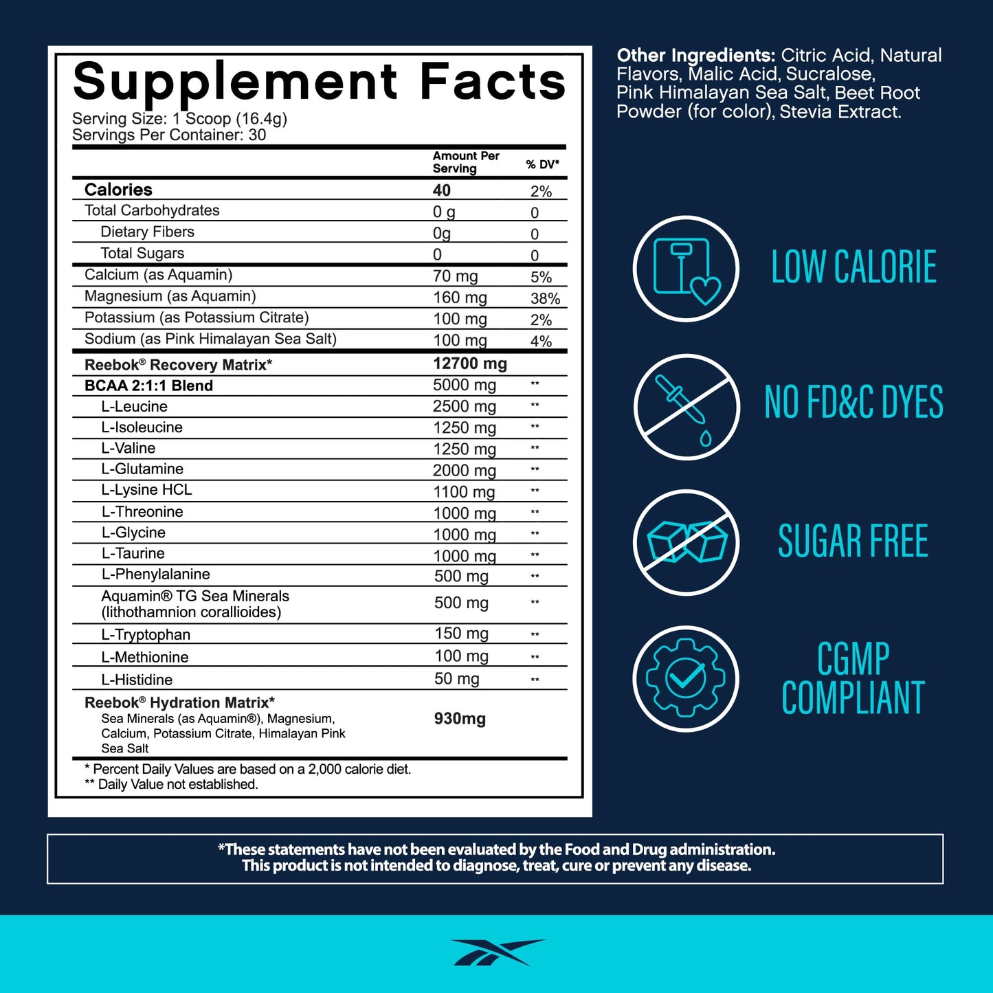 Reebok REEcover Amino Acids + Electrolytes | 8g EAAs, 5g BCAAs, Hydration Matrix | Muscle Recovery, Strength | Post-Workout Support - dailyvitalstore