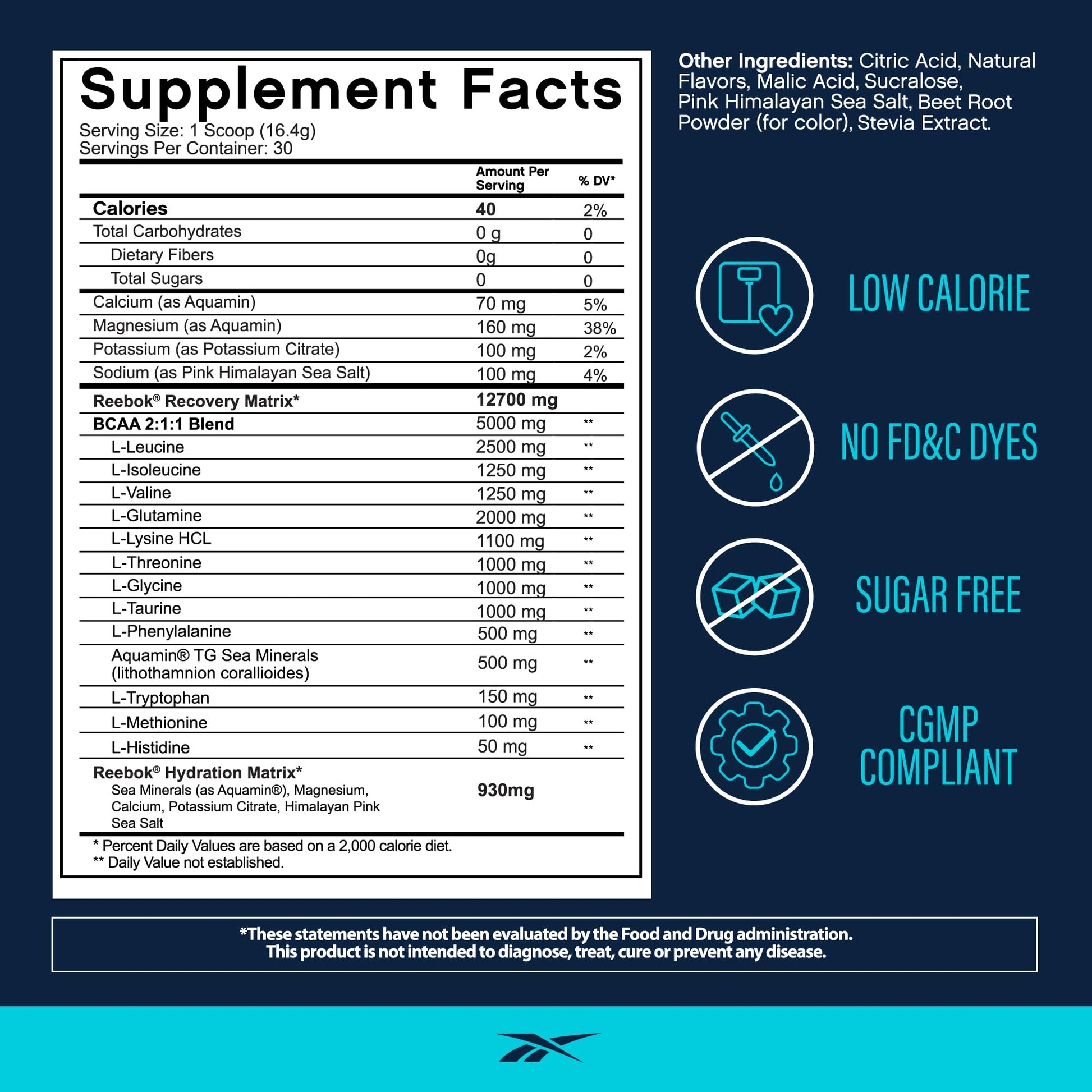 Reebok REEcover Amino Acids + Electrolytes | 8g EAAs, 5g BCAAs, Hydration Matrix | Muscle Recovery, Strength | Post-Workout Support - dailyvitalstore