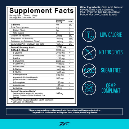 Reebok REEcover Amino Acids + Electrolytes | 8g EAAs, 5g BCAAs, Hydration Matrix | Muscle Recovery, Strength | Post-Workout Support - dailyvitalstore