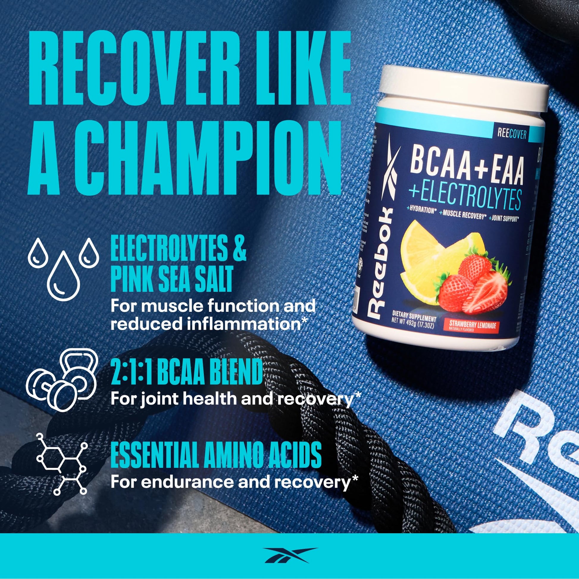 Reebok REEcover Amino Acids + Electrolytes | 8g EAAs, 5g BCAAs, Hydration Matrix | Muscle Recovery, Strength | Post-Workout Support - dailyvitalstore