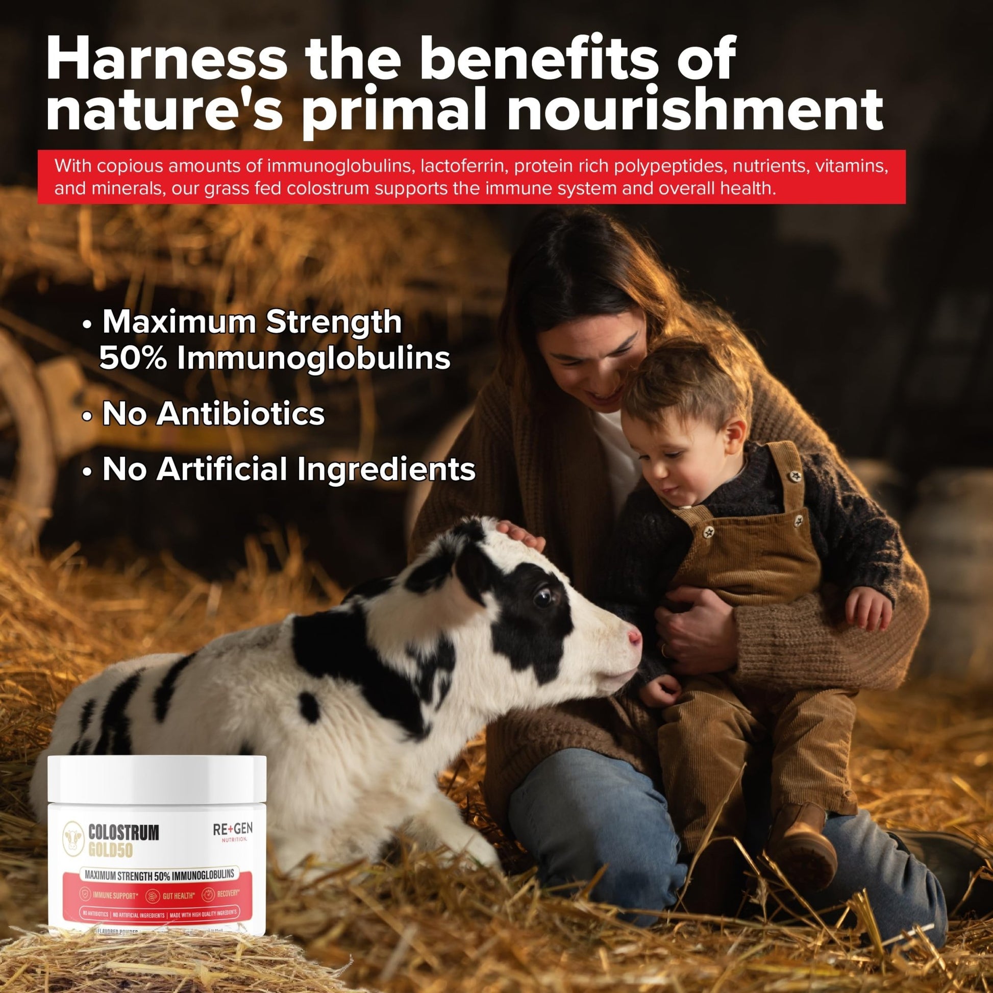 Re+Gen Nutrition Colostrum Gold 50 Bovine Colostrum Powder for Gut Health, Immune Support & Muscle Recovery – 50% IgG Concentration, Grass Fed, Gluten Free, No Artificial Ingredients - dailyvitalstore