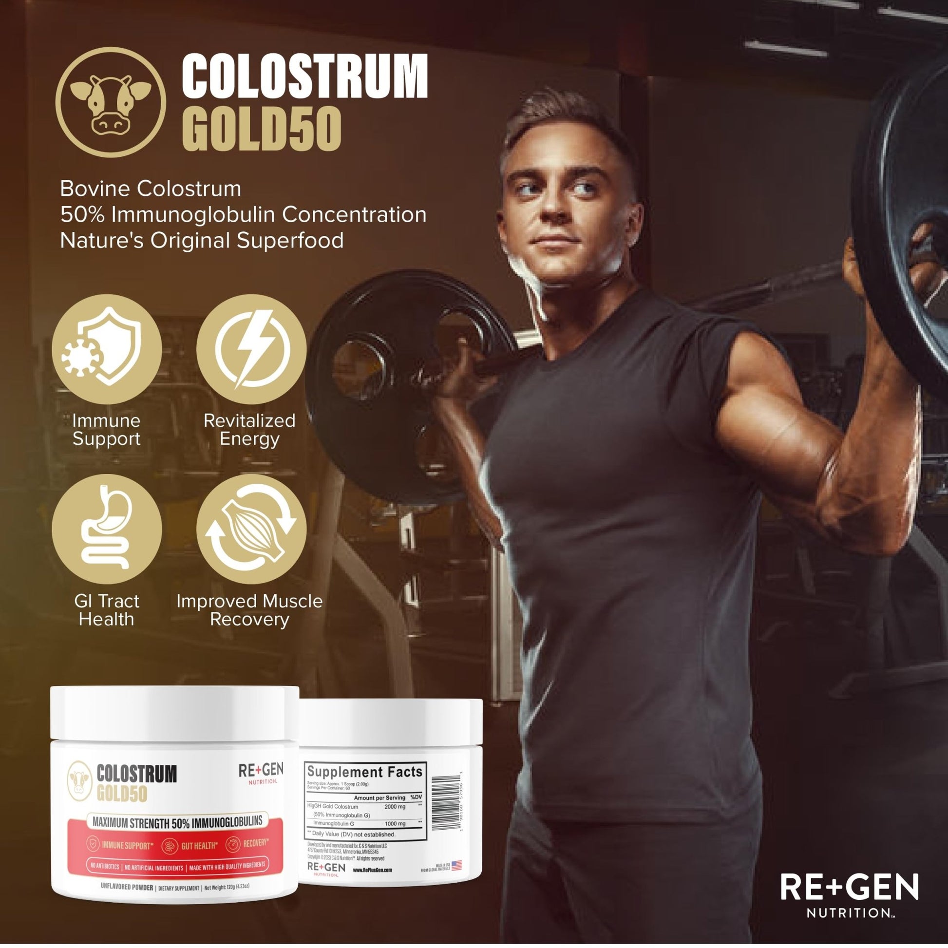 Re+Gen Nutrition Colostrum Gold 50 Bovine Colostrum Powder for Gut Health, Immune Support & Muscle Recovery – 50% IgG Concentration, Grass Fed, Gluten Free, No Artificial Ingredients - dailyvitalstore