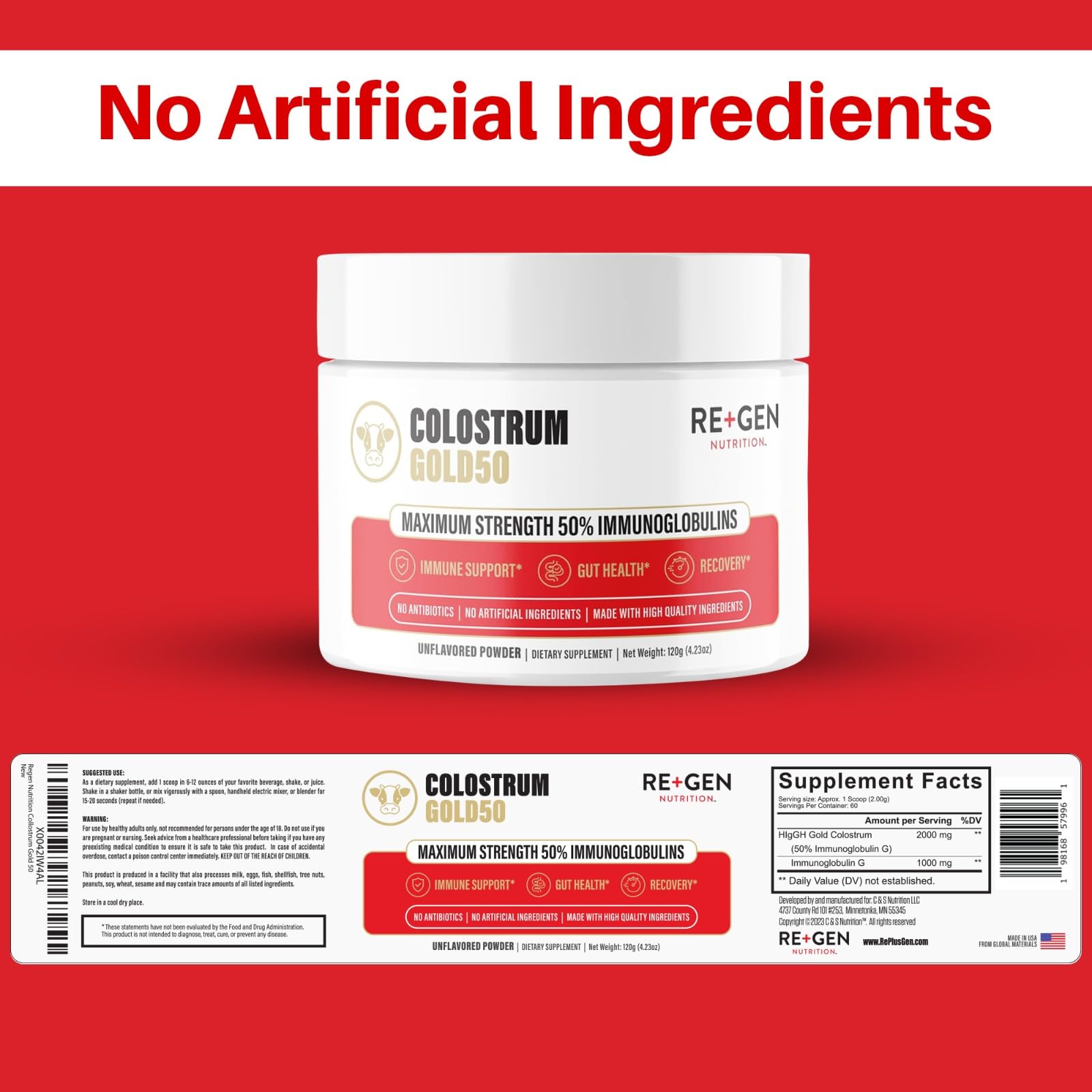 Re+Gen Nutrition Colostrum Gold 50 Bovine Colostrum Powder for Gut Health, Immune Support & Muscle Recovery – 50% IgG Concentration, Grass Fed, Gluten Free, No Artificial Ingredients - dailyvitalstore