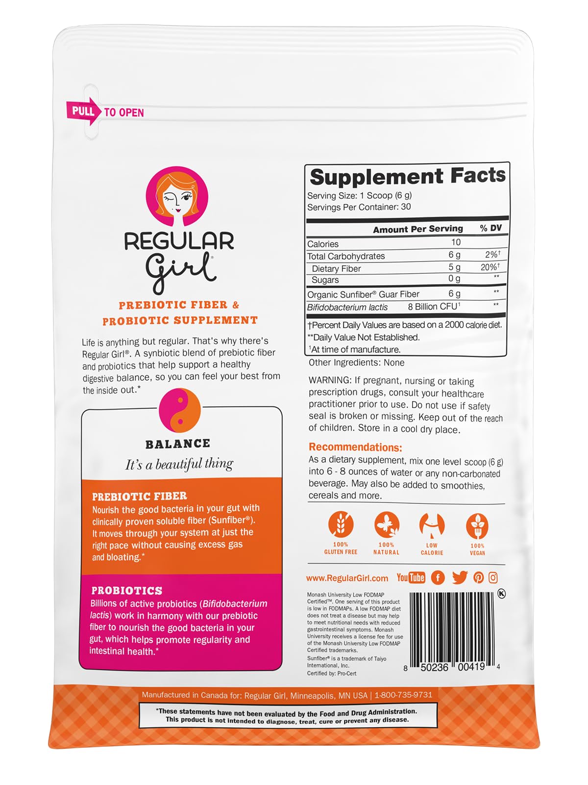 Regular Girl Organic Powder, Prebiotic Fiber Supplement and Probiotics for Women, Low FODMAP, 30 Servings, Unflavored - dailyvitalstore