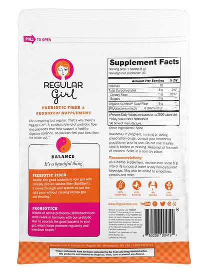 Regular Girl Organic Powder, Prebiotic Fiber Supplement and Probiotics for Women, Low FODMAP, 30 Servings, Unflavored - dailyvitalstore