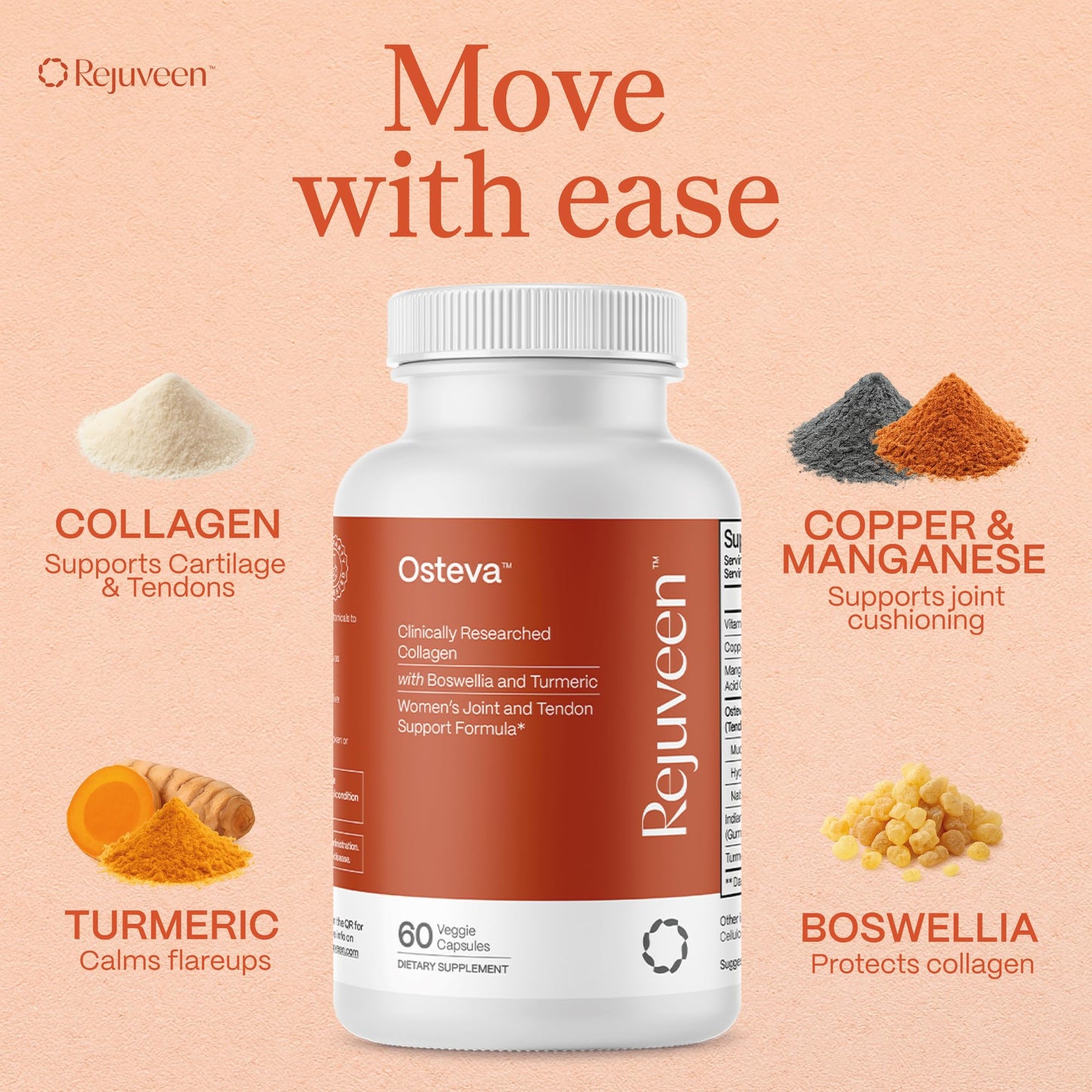 Rejuveen Osteva Joint Support Supplement for Women | High Potency Collagen, Turmeric, Boswellia | for Flexible Cartilage & Tendons, Resilient Knees & Hip, Improved Mobility | Non-GMO, 60 Ct - dailyvitalstore