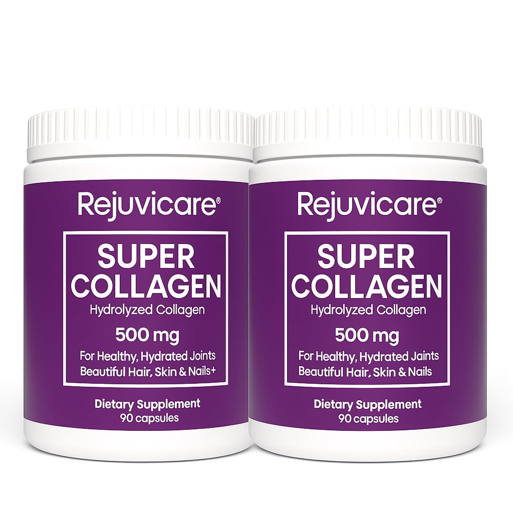 Rejuvicare Super Collagen 500 mg, Hydrolyzed Collagen Peptides for Hair, Skin & Nails, Beauty & Wellness Supplement, Supports Healthy Hydration & Elasticity, 180 Capsules, 2 Pack Value - dailyvitalstore