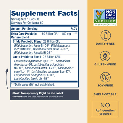 Renew Life Extra Care Digestive Probiotic Capsules, 50 Billion CFU Guaranteed, Daily Supplement Supports Immune, Digestive, Respiratory Health(1), L. Rhamnosus GG - dailyvitalstore