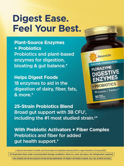 Renew Life Florazyme Digestive Enzymes with Probiotics | Doctor Formulated | Helps Occasional Gas, Bloating & Discomfort | Digestive & Immune Health - dailyvitalstore