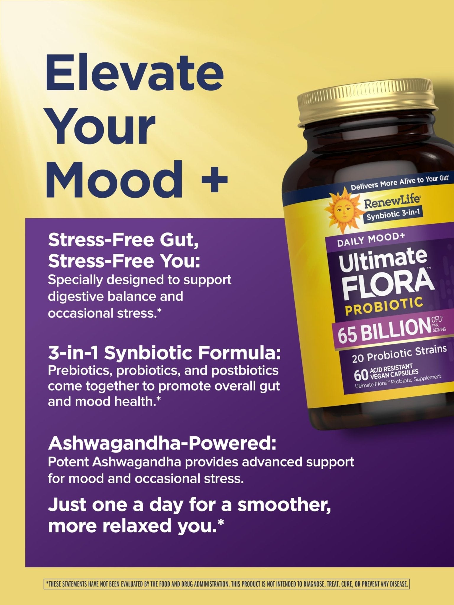 Renew Life Ultimate Flora Probiotics Daily Mood Support 65 Billion CFU Delayed Release Vegan Capsules with Ashwagandha | Digestive Health - dailyvitalstore