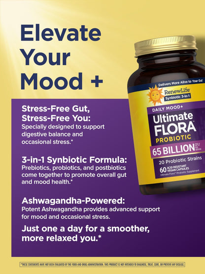 Renew Life Ultimate Flora Probiotics Daily Mood Support 65 Billion CFU Delayed Release Vegan Capsules with Ashwagandha | Digestive Health - dailyvitalstore