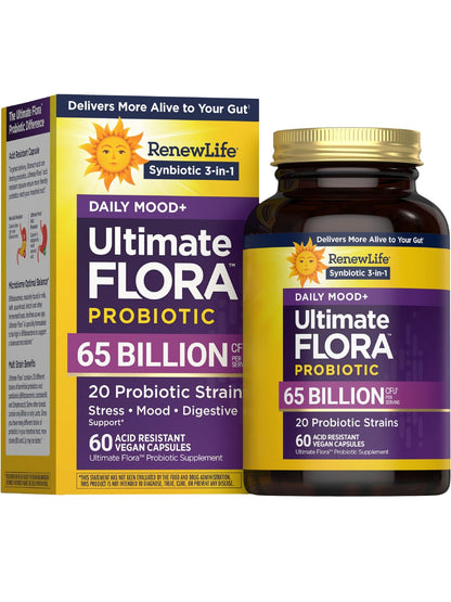 Renew Life Ultimate Flora Probiotics Daily Mood Support 65 Billion CFU Delayed Release Vegan Capsules with Ashwagandha | Digestive Health - dailyvitalstore
