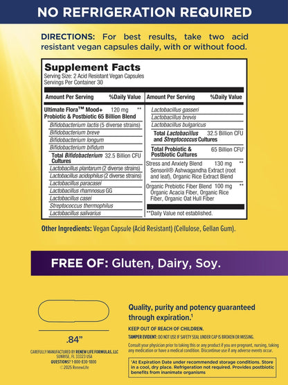 Renew Life Ultimate Flora Probiotics Daily Mood Support 65 Billion CFU Delayed Release Vegan Capsules with Ashwagandha | Digestive Health - dailyvitalstore