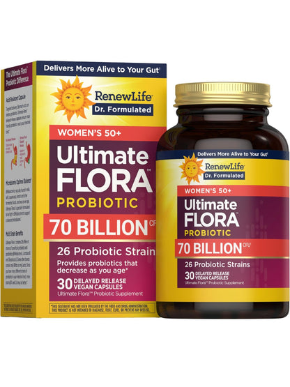 Renew Life Ultimate Flora Probiotics for Women 50+ 70 Billion CFU Delayed Release Vegan Capsules | Vaginal | Digestive Health | Immune Health | Dairy Free | 30 Count - dailyvitalstore