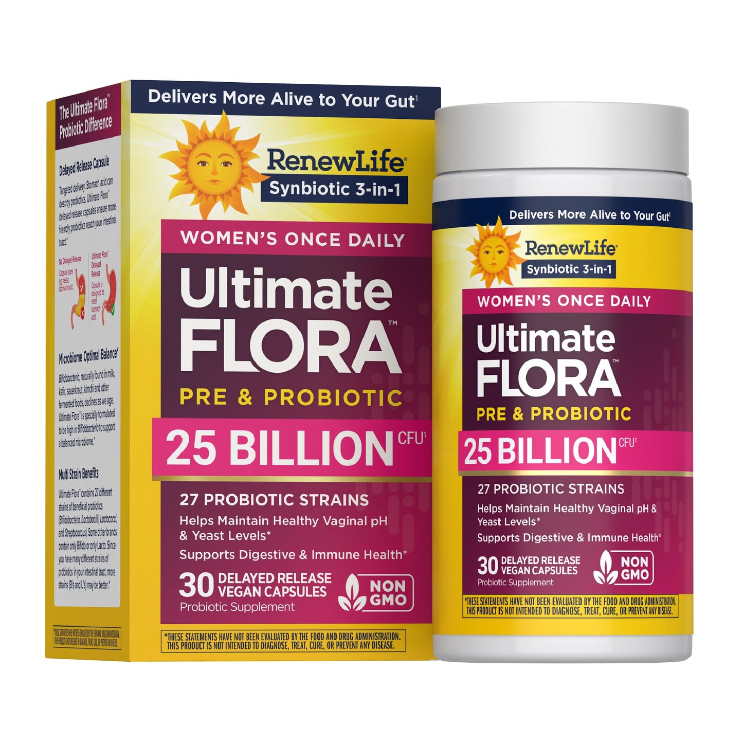 Renew Life Ultimate Flora Probiotics for Women with Prebiotics | 25 Billion CFU | 30 Delayed Release Capsules | 3 in 1 Synbiotic | Supports Digestive and Immune Health | Dairy, Soy and Gluten-Free - dailyvitalstore