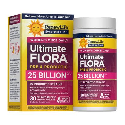 Renew Life Ultimate Flora Probiotics for Women with Prebiotics | 25 Billion CFU | 30 Delayed Release Capsules | 3 in 1 Synbiotic | Supports Digestive and Immune Health | Dairy, Soy and Gluten-Free - dailyvitalstore