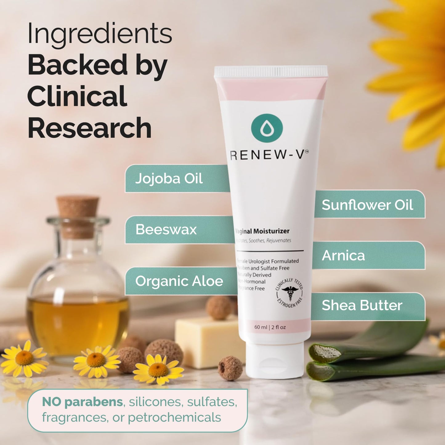 Renew-V Natural Vaginal Moisturizer For Dryness & Itching - Vulva Balm for Irritation Relief, Anti Itch & Women Menopause Support - Hormone Free, Unscented, Paraben-Free - Made in USA, 2 oz - dailyvitalstore