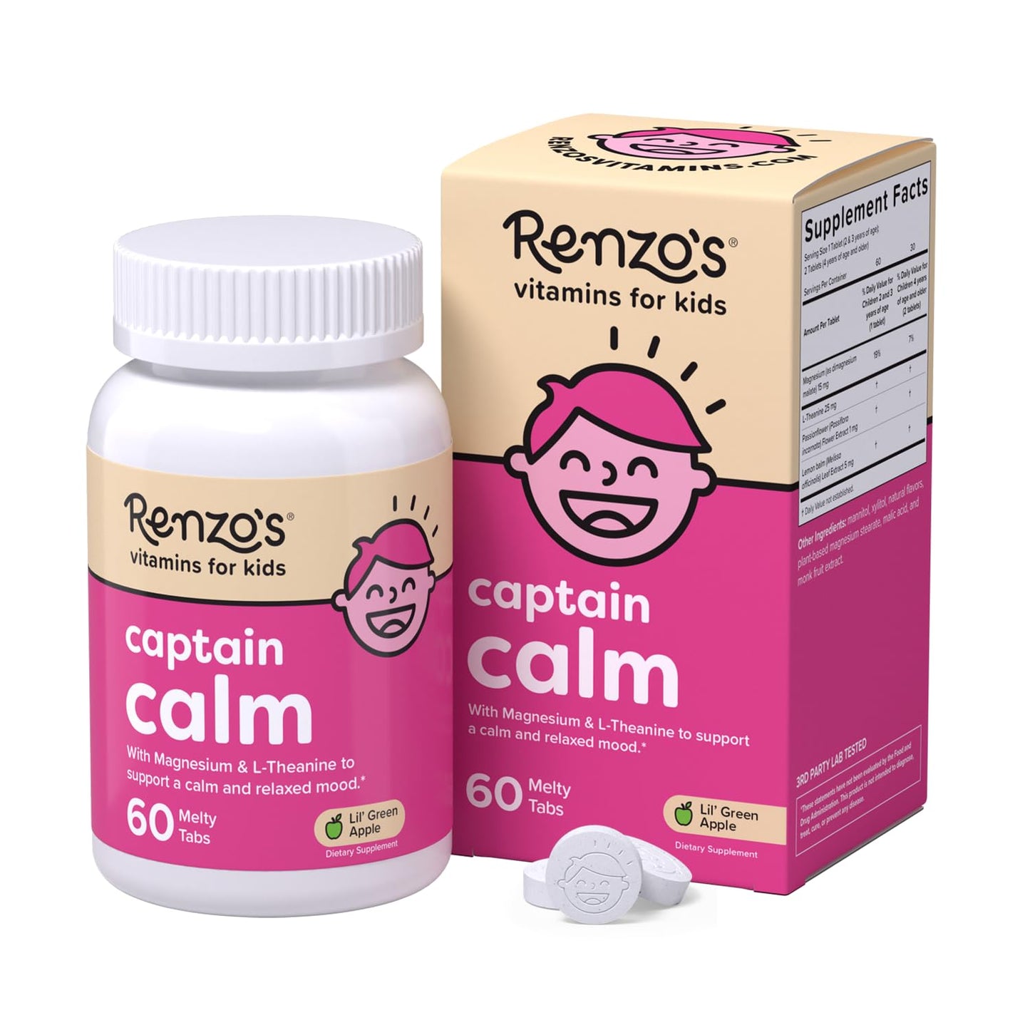 Renzo's Captain Calm Kids Magnesium Supplement with L-Theanine, Dissolvable Kids Vitamins for Relaxation and Mood Support, Sugar-Free Melty Tabs, - dailyvitalstore