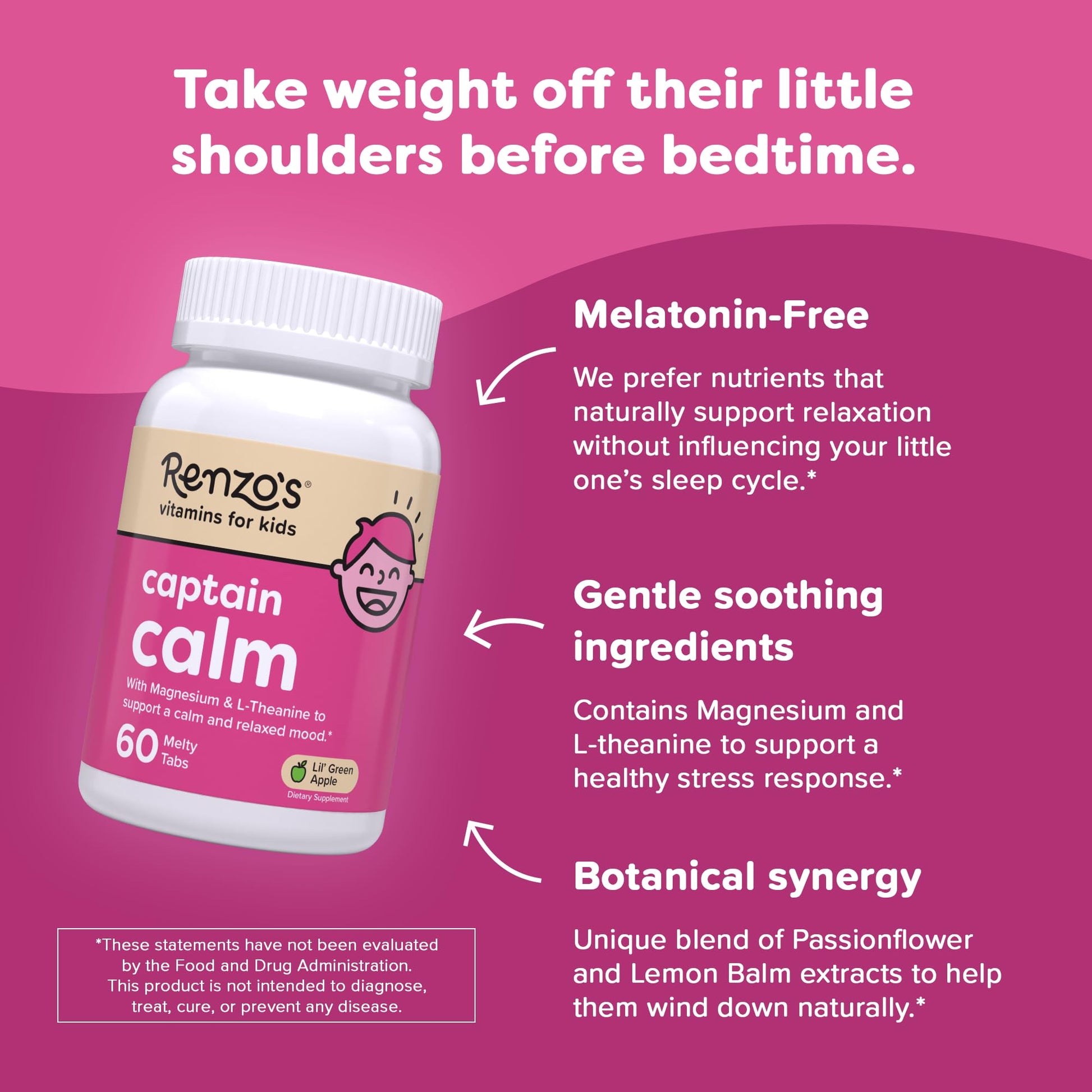 Renzo's Captain Calm Kids Magnesium Supplement with L-Theanine, Dissolvable Kids Vitamins for Relaxation and Mood Support, Sugar-Free Melty Tabs, - dailyvitalstore