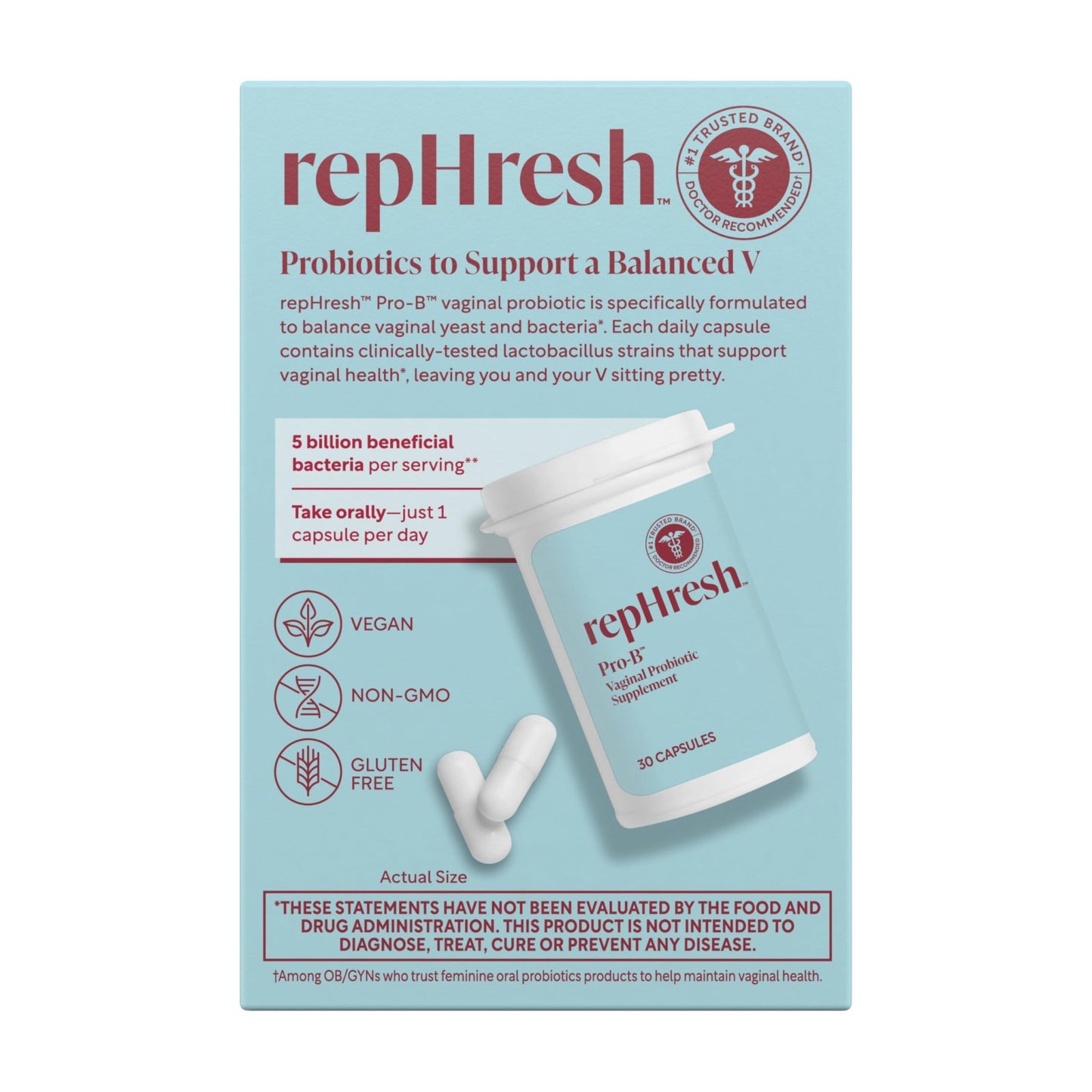 Rephresh Pro-B Vaginal Probiotic Supplement, pH Balance, Probiotics for Women, Balances Yeast and Bacteria to Maintain Feminine Health, Daily Oral Capsules, 30 Count (Pack of 2) - dailyvitalstore