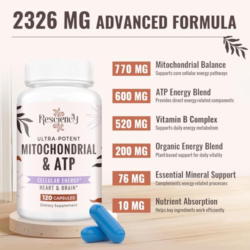Resciency 2326 MG Mitochondrial Supplements with ATP, Vitamins, CoQ10 & PQQ, More Effective Than Creatine HMB & Nitric Oxide, Energy, Endurance, Strength, Recovery & Muscle, Organic, 120 Capsules - dailyvitalstore