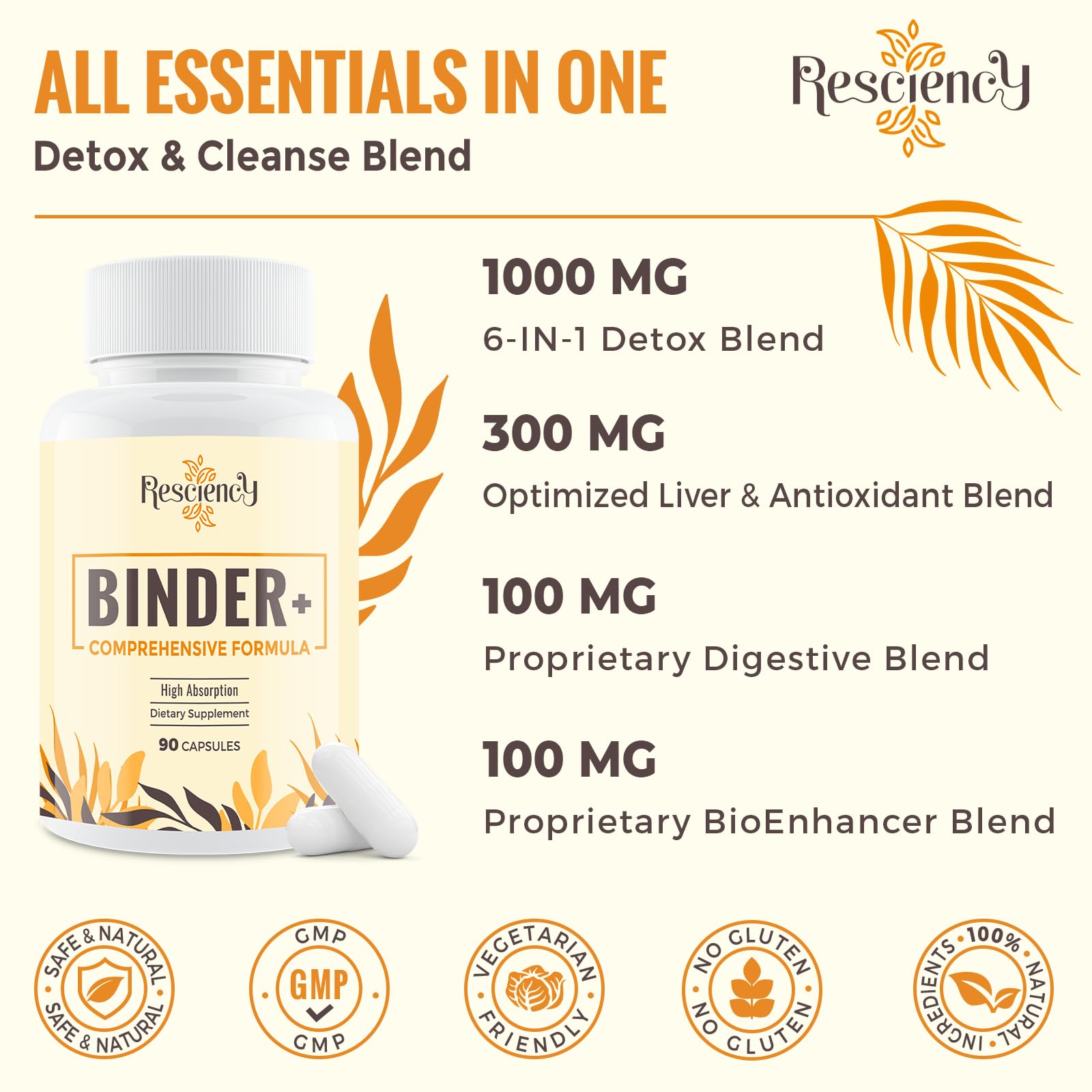 Resciency Detox Binder Supplement – Activated Charcoal, Zeolite, Bentonite Clay, Milk Thistle, Proprietary Blends - Liver & Gut, Max Absorption, 90 Vegan Capsules - dailyvitalstore