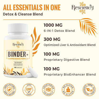 Resciency Detox Binder Supplement – Activated Charcoal, Zeolite, Bentonite Clay, Milk Thistle, Proprietary Blends - Liver & Gut, Max Absorption, 90 Vegan Capsules - dailyvitalstore