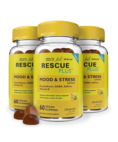 RESCUE Bach Plus Mood & Stress Support Gummies, Daytime Dietary Supplement with Passionflower, GABA, Saffron & Vitamin D, Natural Orange Flavor, Vegan & Gluten-Free, 3 Pack, 180 Count Total - dailyvitalstore