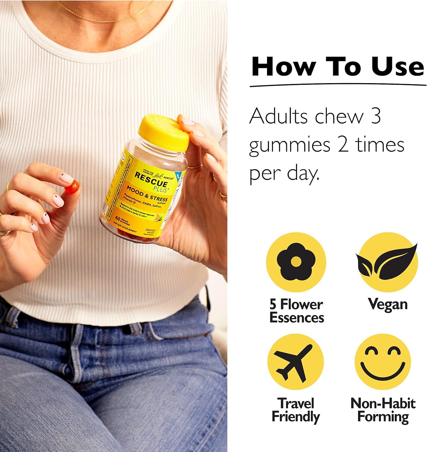 RESCUE Bach Plus Mood & Stress Support Gummies, Daytime Dietary Supplement with Passionflower, GABA, Saffron & Vitamin D, Natural Orange Flavor, Vegan & Gluten-Free, 3 Pack, 180 Count Total - dailyvitalstore