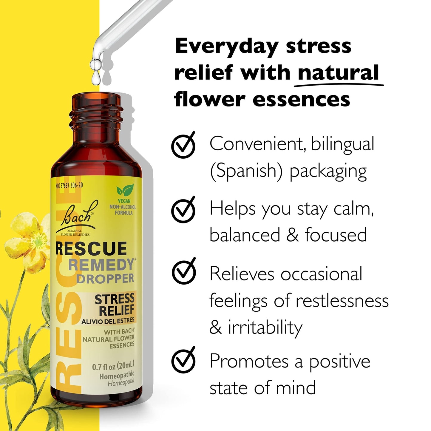 RESCUE Bach Remedy Dropper 20mL, Natural Stress Relief, Homeopathic Flower Essence, Vegan, Gluten & Sugar-Free, Non-Habit Forming (Non-Alcohol Formula) - dailyvitalstore