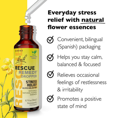 RESCUE Bach Remedy Dropper 20mL, Natural Stress Relief, Homeopathic Flower Essence, Vegan, Gluten & Sugar-Free, Non-Habit Forming (Non-Alcohol Formula) - dailyvitalstore