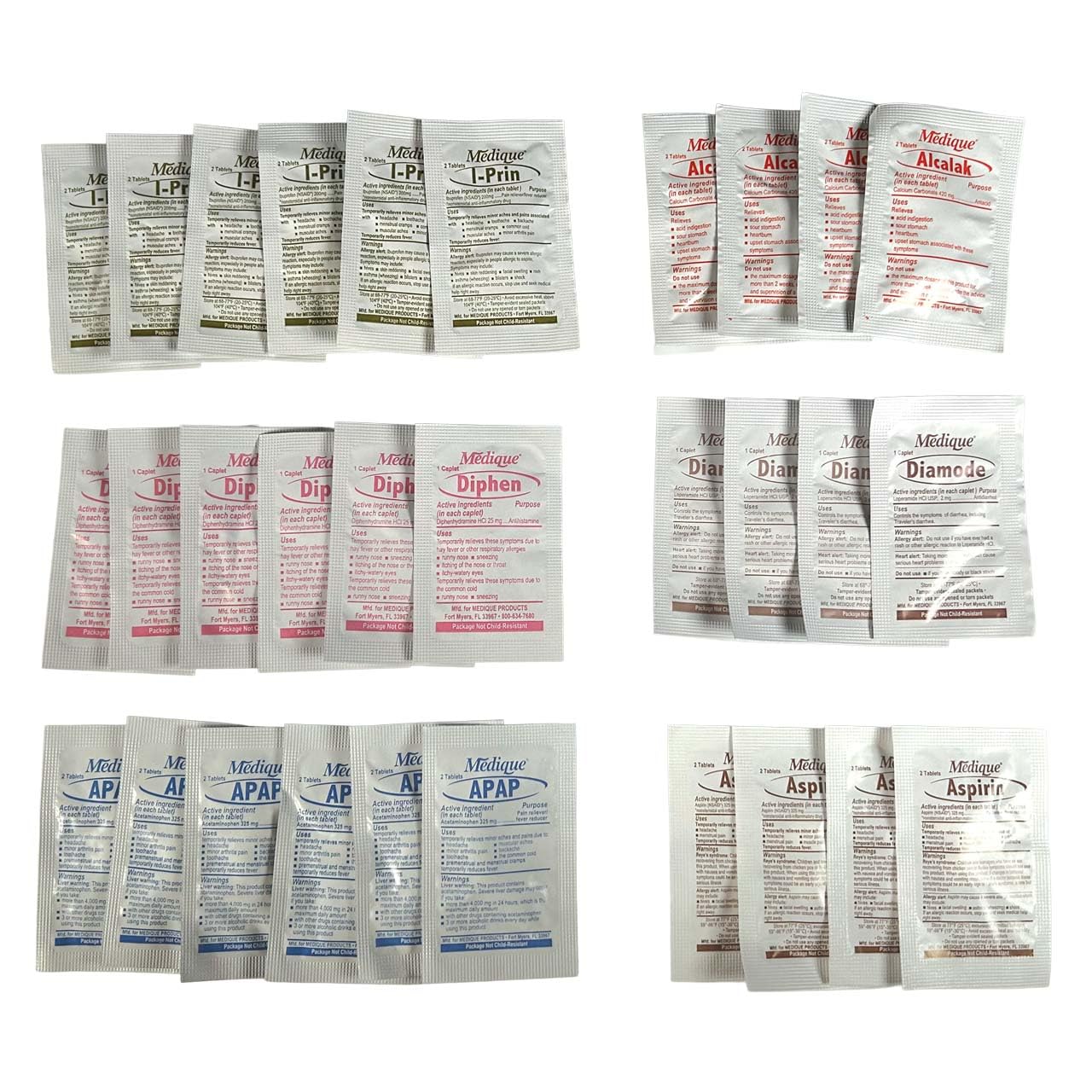 Rescue Essentials Medications Dose Pack–First Aid Refill Kit with Ibuprofen, Acetaminophen, Aspirin, Antihistamine, Anti-Diarrheal & Antacid– Compact Emergency Travel & IFAK Supply-1 Module (30 Doses) - dailyvitalstore