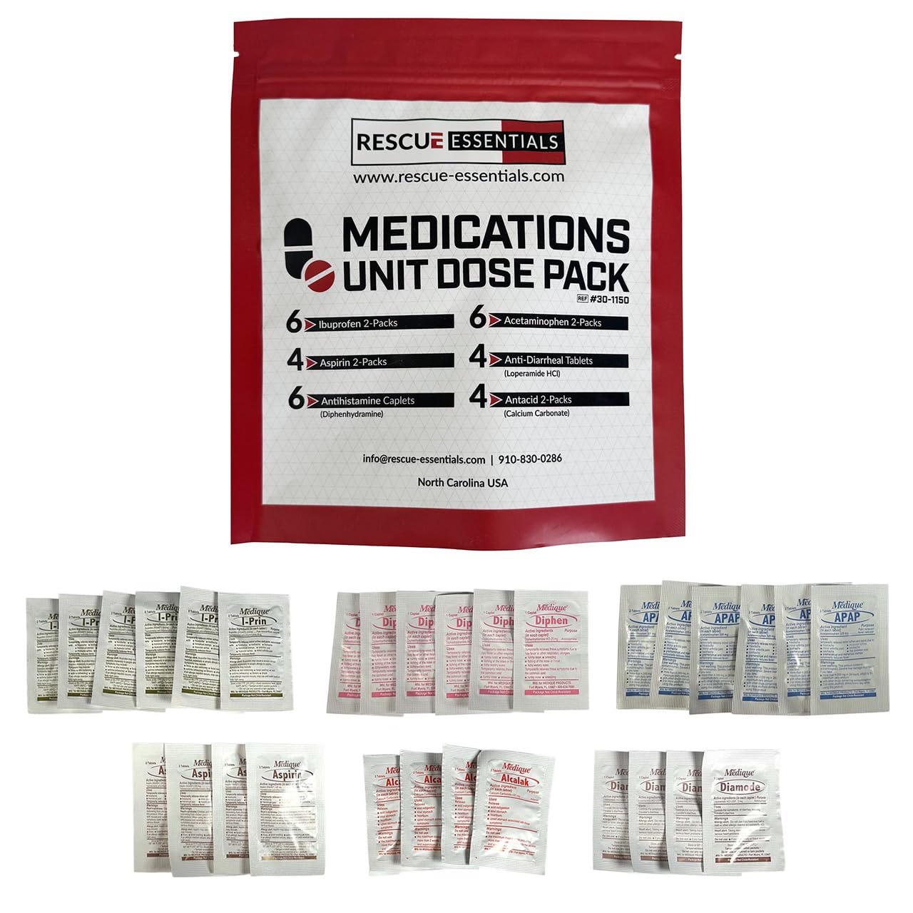 Rescue Essentials Medications Dose Pack–First Aid Refill Kit with Ibuprofen, Acetaminophen, Aspirin, Antihistamine, Anti-Diarrheal & Antacid– Compact Emergency Travel & IFAK Supply-1 Module (30 Doses) - dailyvitalstore