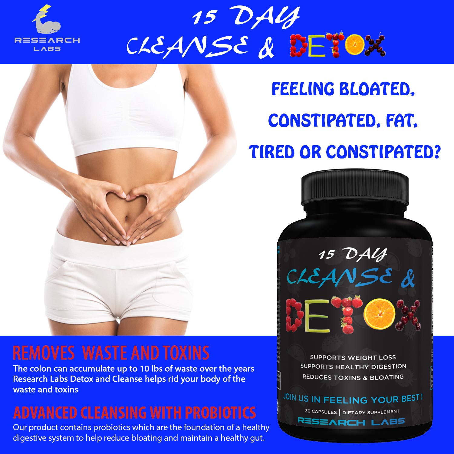 Research Labs 15 Day Colon Cleanse & Detox for Less Bloat Flat Tummy w/Probiotics - 2 Fer 1 - Constipation Relief - Flushes Toxins, Boosts Energy. - dailyvitalstore
