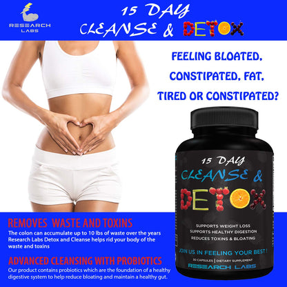 Research Labs 15 Day Colon Cleanse & Detox for Less Bloat Flat Tummy w/Probiotics - 2 Fer 1 - Constipation Relief - Flushes Toxins, Boosts Energy. - dailyvitalstore