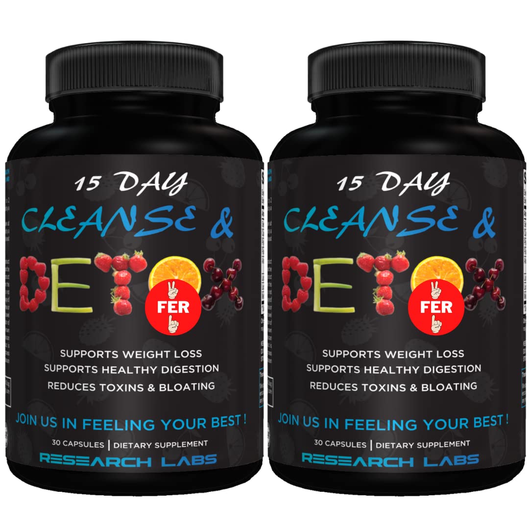 Research Labs 15 Day Colon Cleanse & Detox for Less Bloat Flat Tummy w/Probiotics - 2 Fer 1 - Constipation Relief - Flushes Toxins, Boosts Energy. - dailyvitalstore