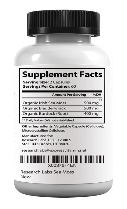 Research Labs 2 Fer 1 Ad Organic Irish Sea Moss Capsules 240 Total Pills, Raw Wildcrafted Seamoss Enhanced w/Bladderwrack & Burdock Root Antioxidant Powerhouse. Thyroid Support - dailyvitalstore