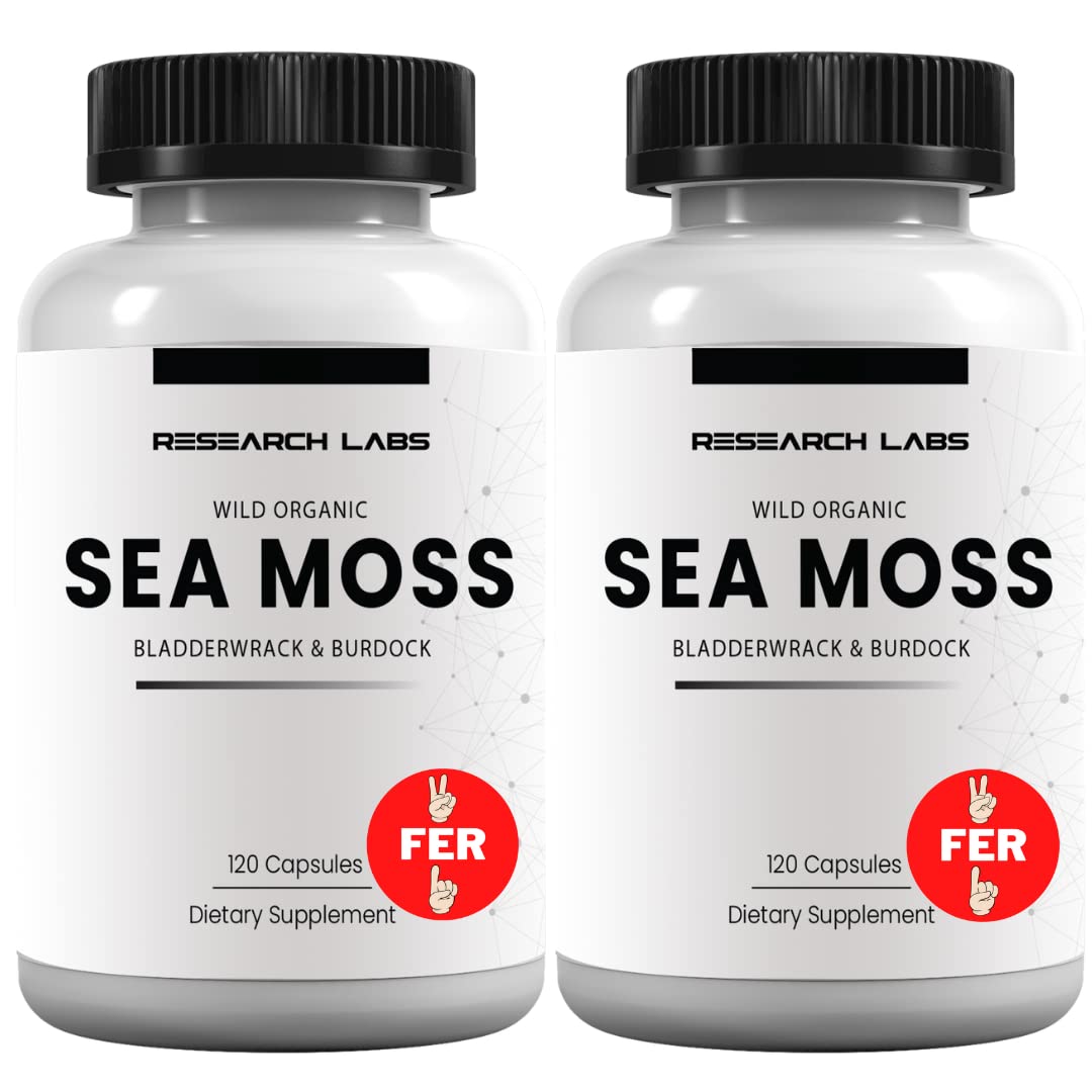 Research Labs 2 Fer 1 Ad Organic Irish Sea Moss Capsules 240 Total Pills, Raw Wildcrafted Seamoss Enhanced w/Bladderwrack & Burdock Root Antioxidant Powerhouse. Thyroid Support - dailyvitalstore