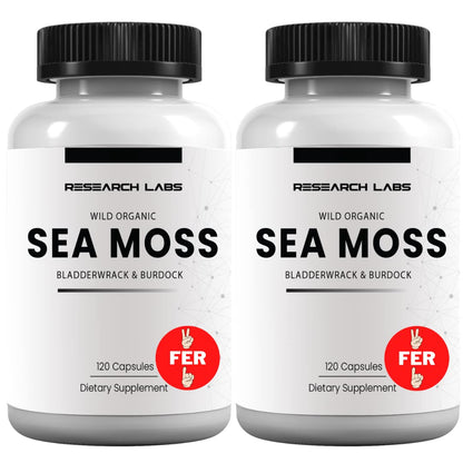 Research Labs 2 Fer 1 Ad Organic Irish Sea Moss Capsules 240 Total Pills, Raw Wildcrafted Seamoss Enhanced w/Bladderwrack & Burdock Root Antioxidant Powerhouse. Thyroid Support - dailyvitalstore