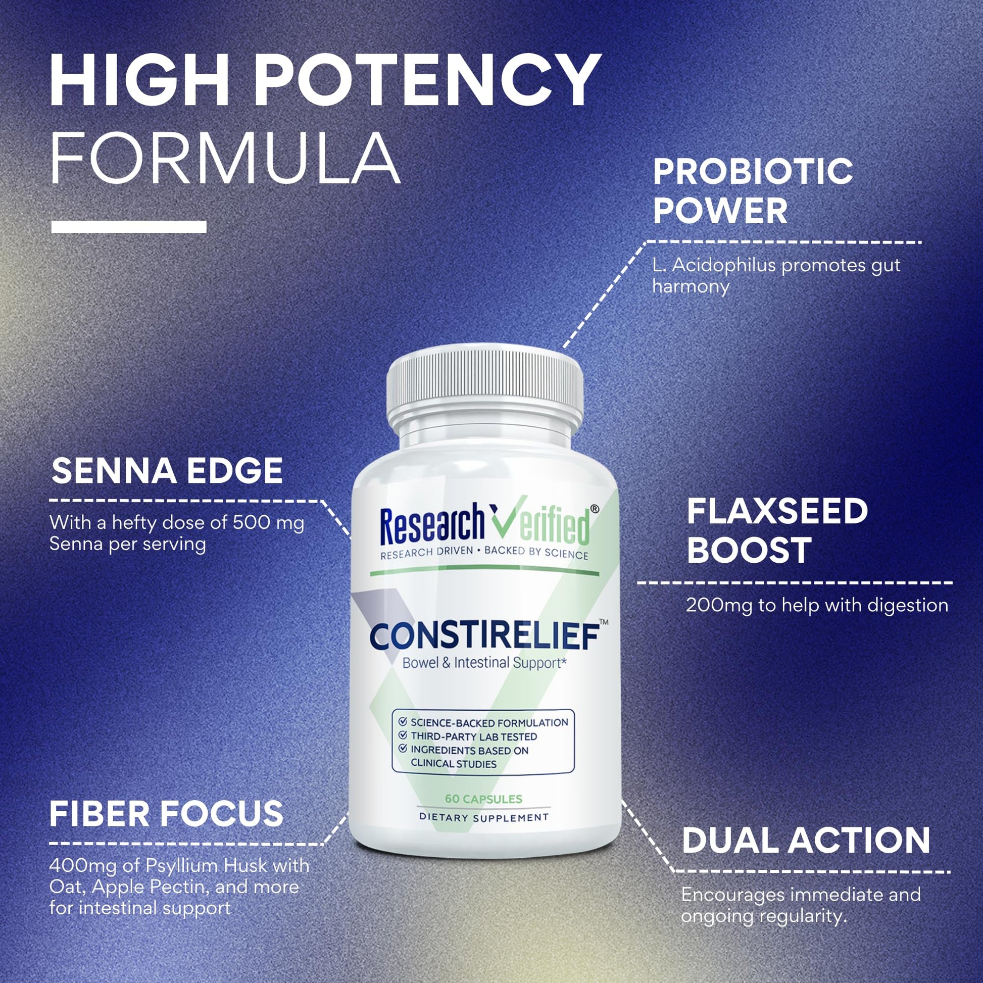 Research Verified ConstiRelief - The best Supplement for Constipation Relief on the market - with L. Acidophilus for long term health and prevention. 100% back guarantee! (Pack of 3) - dailyvitalstore