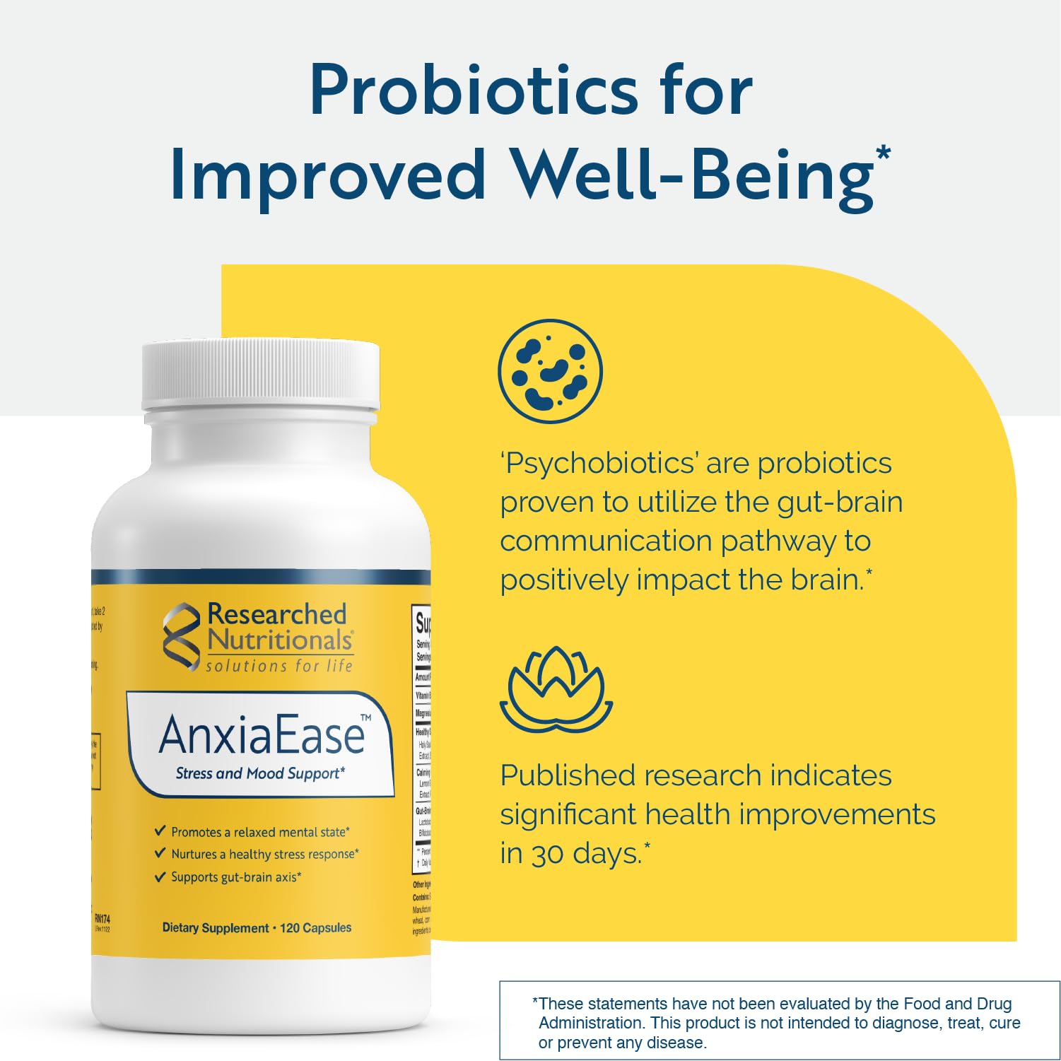 Researched Nutritionals AnxiaEase - Stress, Cortisol Management & Mood Support Supplement - Botanicals, Vitamin B6, Magnesium & 'Psychobiotic' Probiotic Strains (120 Capsules) - dailyvitalstore