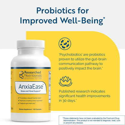 Researched Nutritionals AnxiaEase - Stress, Cortisol Management & Mood Support Supplement - Botanicals, Vitamin B6, Magnesium & 'Psychobiotic' Probiotic Strains (120 Capsules) - dailyvitalstore