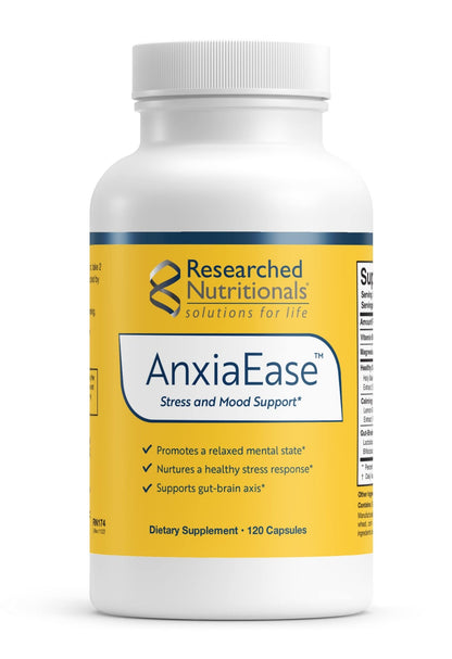 Researched Nutritionals AnxiaEase - Stress, Cortisol Management & Mood Support Supplement - Botanicals, Vitamin B6, Magnesium & 'Psychobiotic' Probiotic Strains (120 Capsules) - dailyvitalstore