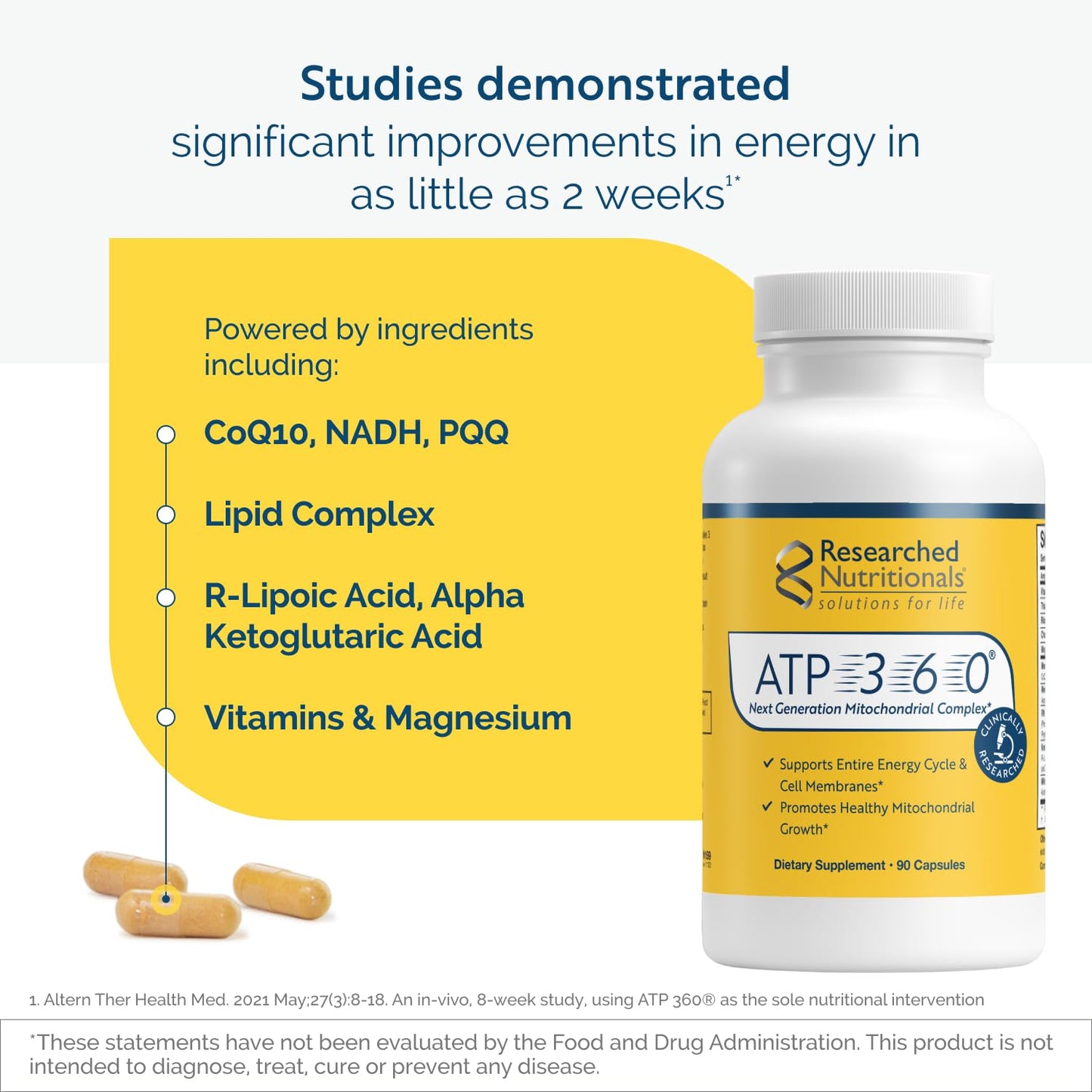 Researched Nutritionals ATP 360 - Mitochondrial Supplements to Support Entire Energy Cycle & Cell Membranes - Clinically Researched ATP Supplements, High Dose CoQ10, R-Lipoic Acid & PQQ, 90 Capsules - dailyvitalstore