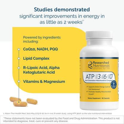 Researched Nutritionals ATP 360 - Mitochondrial Supplements to Support Entire Energy Cycle & Cell Membranes - Clinically Researched ATP Supplements, High Dose CoQ10, R-Lipoic Acid & PQQ, 90 Capsules - dailyvitalstore