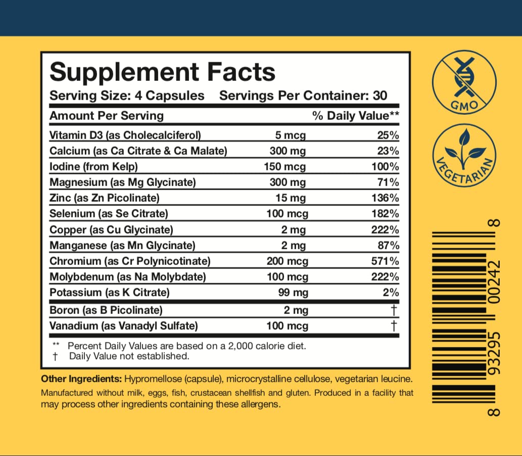 Researched Nutritionals Core Minerals - Daily Trace Minerals Supplement - Iron-Free Blend with Vitamin D3, Magnesium Glycinate & Iodine for Thyroid, Bone & Metabolic Support (120 ct) - dailyvitalstore