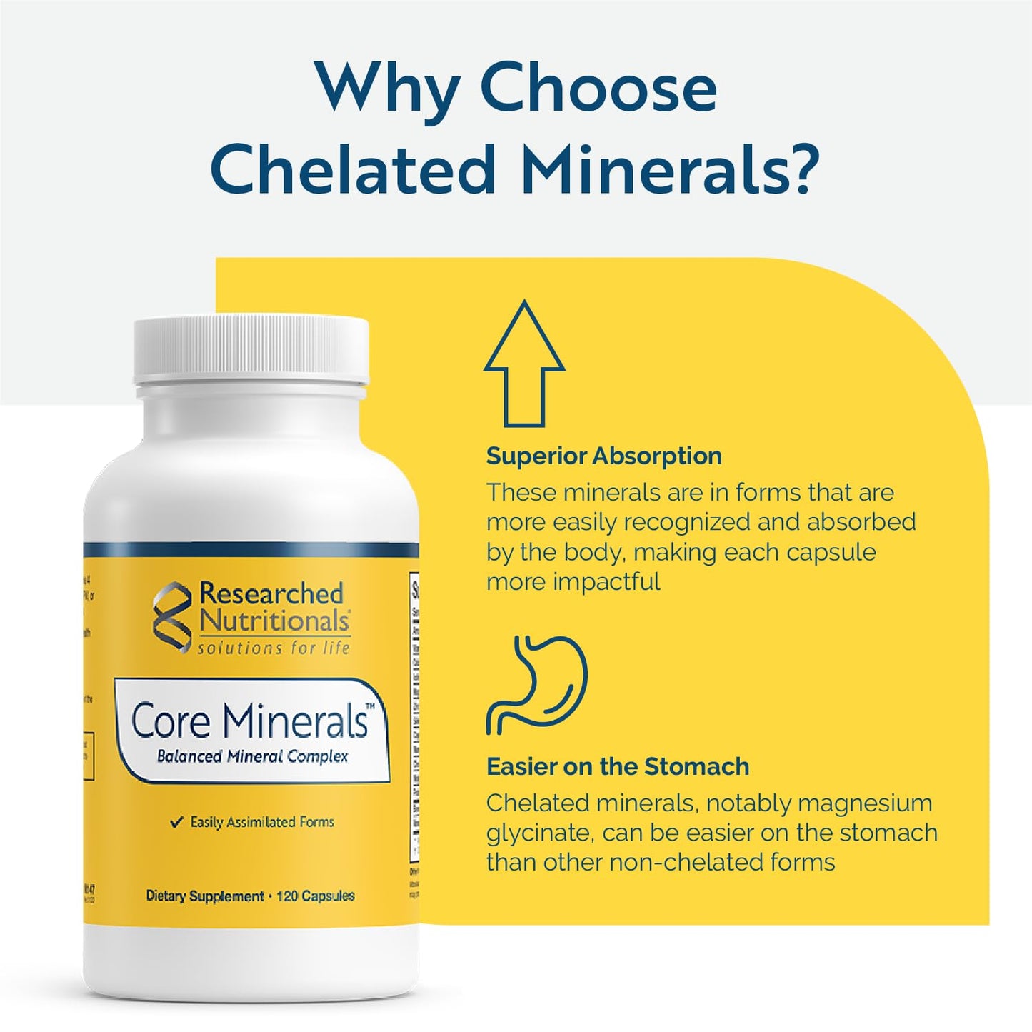 Researched Nutritionals Core Minerals - Daily Trace Minerals Supplement - Iron-Free Blend with Vitamin D3, Magnesium Glycinate & Iodine for Thyroid, Bone & Metabolic Support (120 ct) - dailyvitalstore