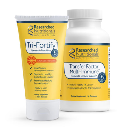 Researched Nutritionals Liposomal Glutathione (450mg) + Colostrum & Mushrooms Supplement for Immune Support - Enhanced Immunity Duo - Tri-Fortify Orange + Transfer Factor Multi-Immune (2 Piece Set) - dailyvitalstore