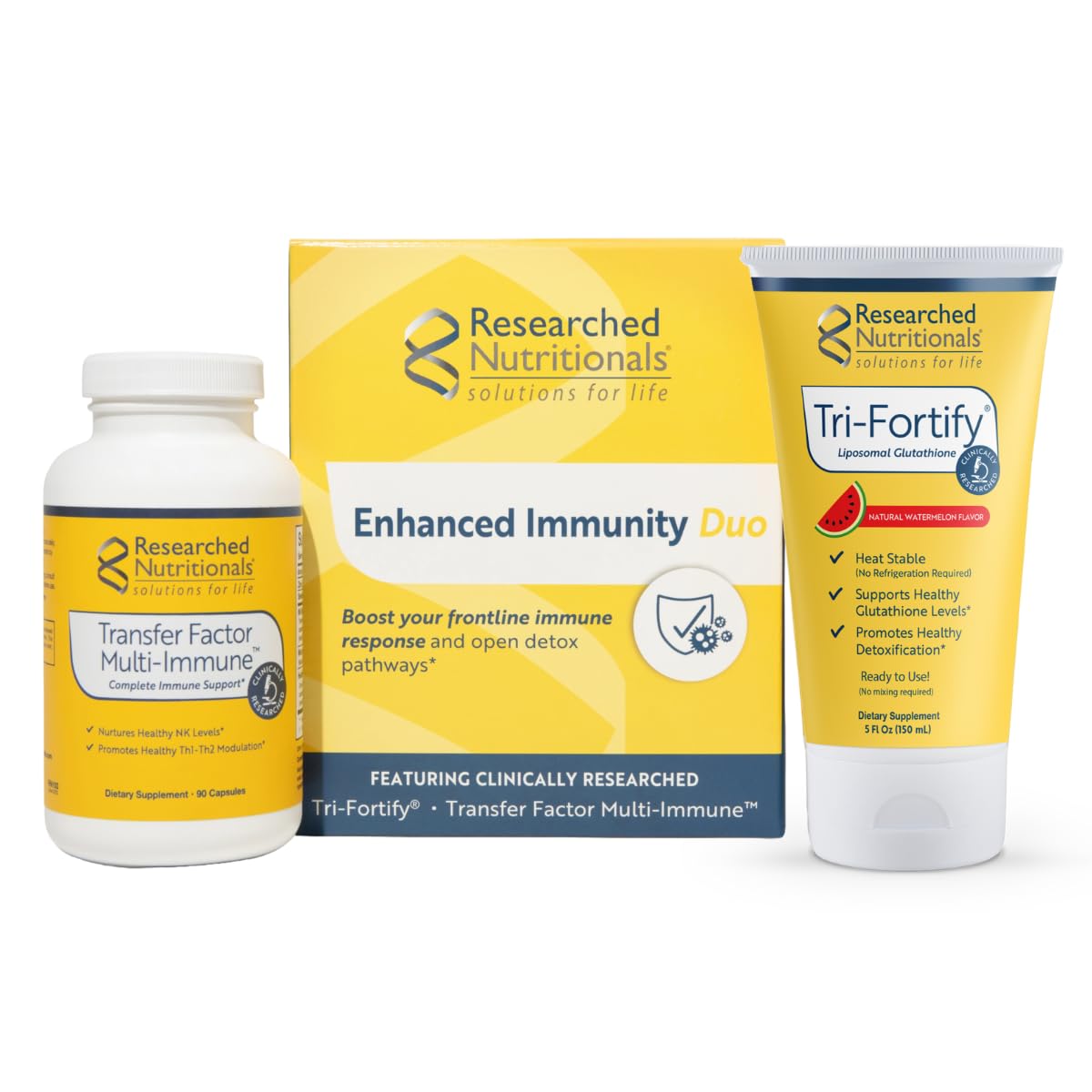 Researched Nutritionals Liposomal Glutathione (450mg) + Colostrum & Mushrooms Supplement for Immunity - Enhanced Immunity Duo - Tri-Fortify Watermelon + Transfer Factor Multi-Immune (2 Piece Set) - dailyvitalstore